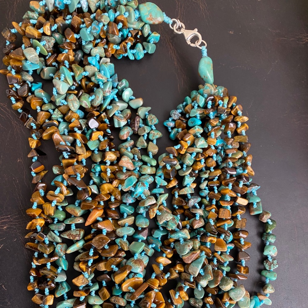 Turquoise and Multi-Stone,  Multi--Strand Necklace, Sterling Lobster Style Clasp